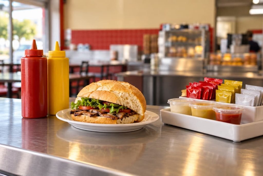 Bisnagas de molho proibidas: bisnagas de ketchup e mostarda ao lado de potes e sachês individuais em balcão de lanchonete