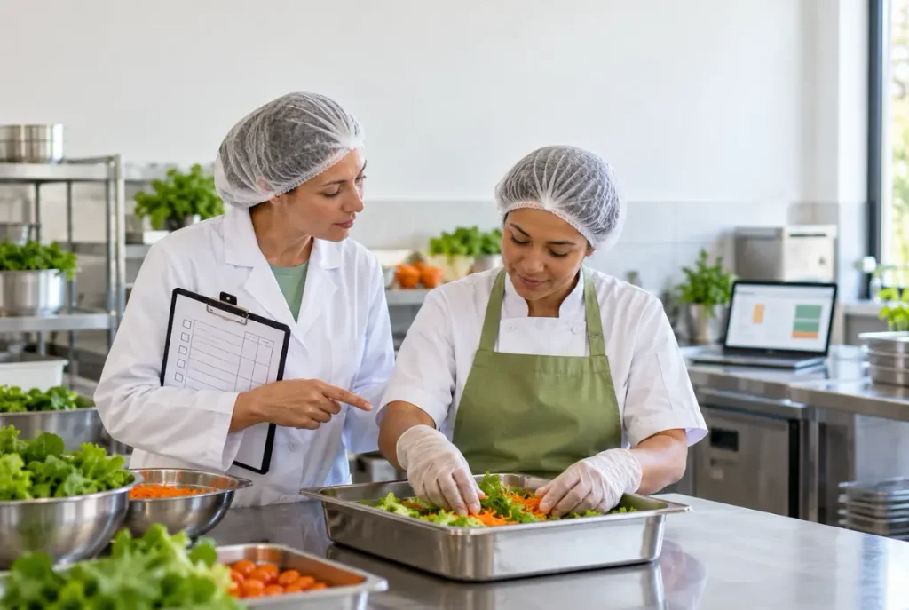 Consultoria em segurança de alimentos profissional de jaleco com prancheta orienta cozinheira em cozinha de produção