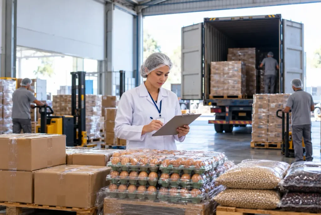 Exportação de alimentos: analista confere documentos diante de paletes de caixas na expedição de uma fábrica