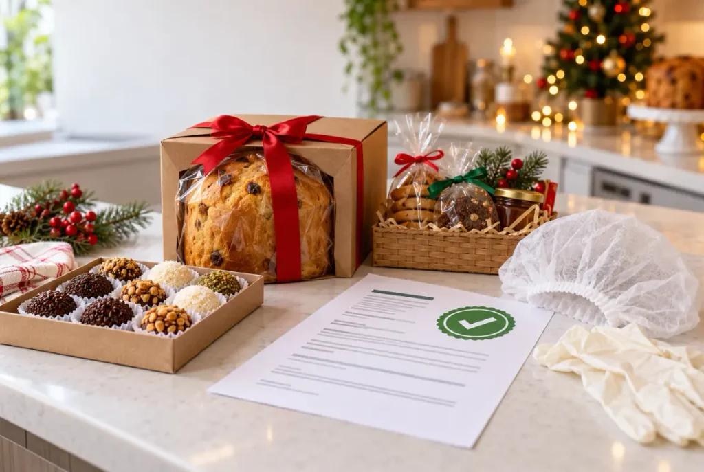 Licença sanitária para vender alimentos panetone e doces embalados ao lado de documento com selo, touca e luvas na bancada