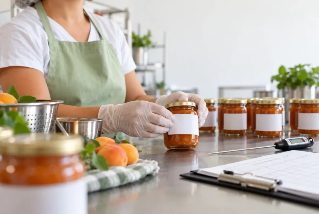 Shelf life de alimentos: mãos com luvas colam etiqueta de validade em pote de doce, com termômetro e prancheta ao lado